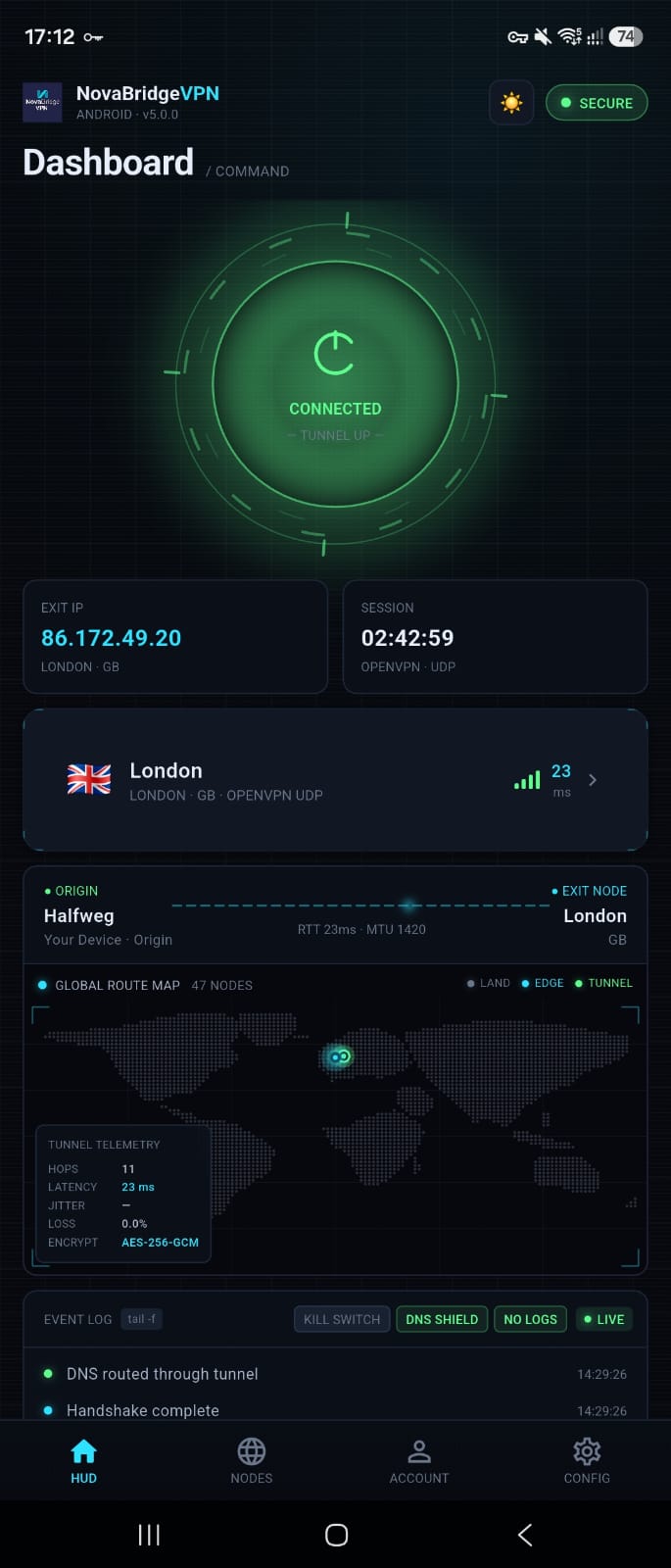NovaBridgeVPN Android app — Dashboard, tunnel connected