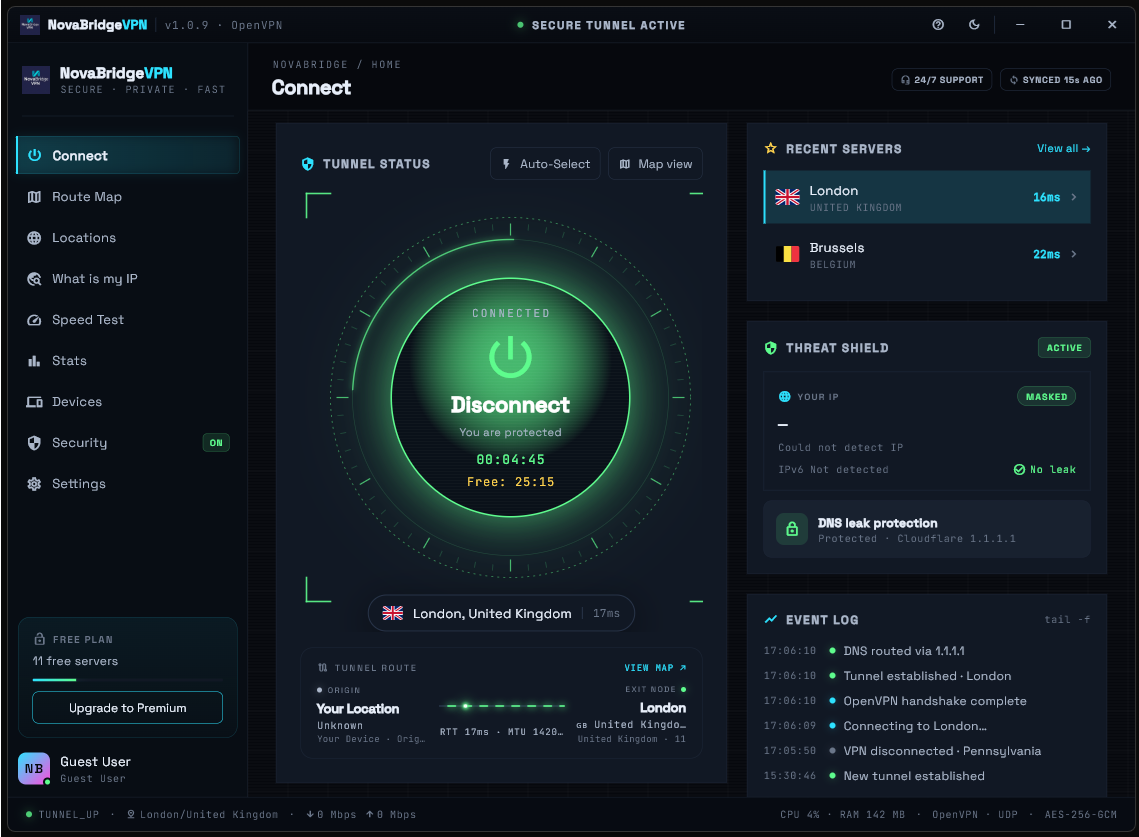 NovaBridgeVPN Windows app — Connect screen, tunnel active to London