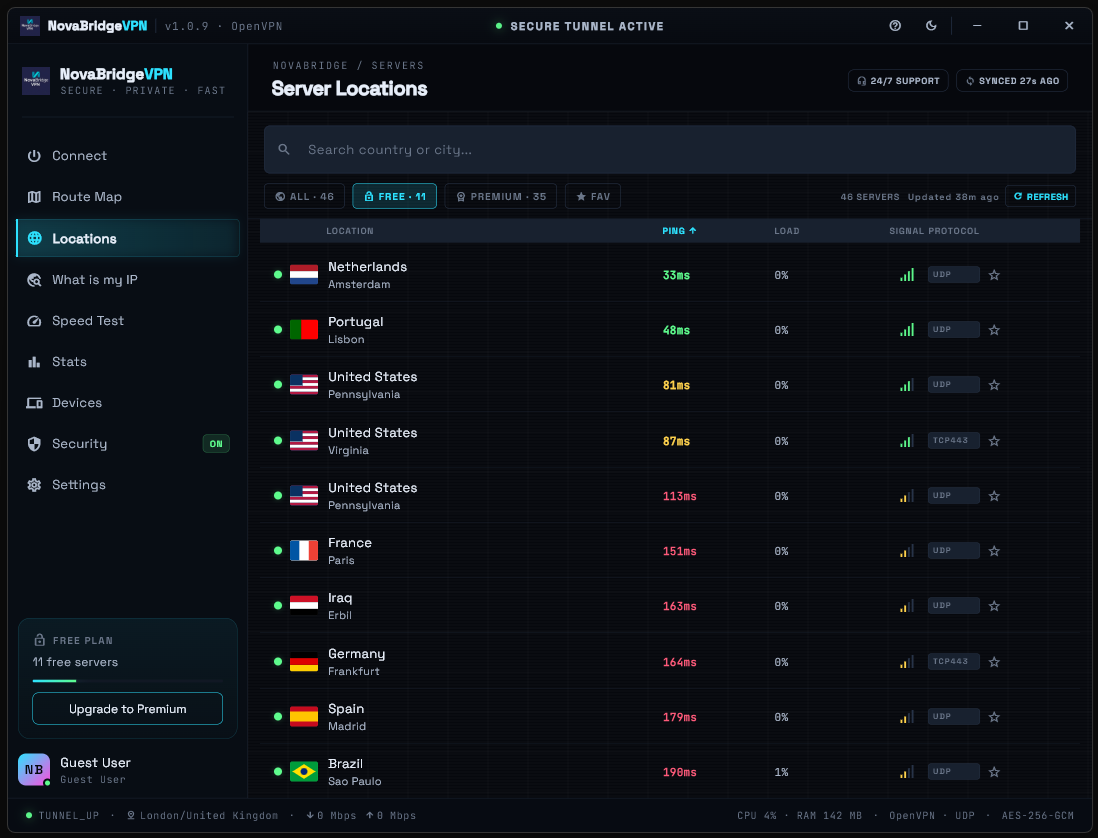 NovaBridgeVPN Windows app — Server Locations list